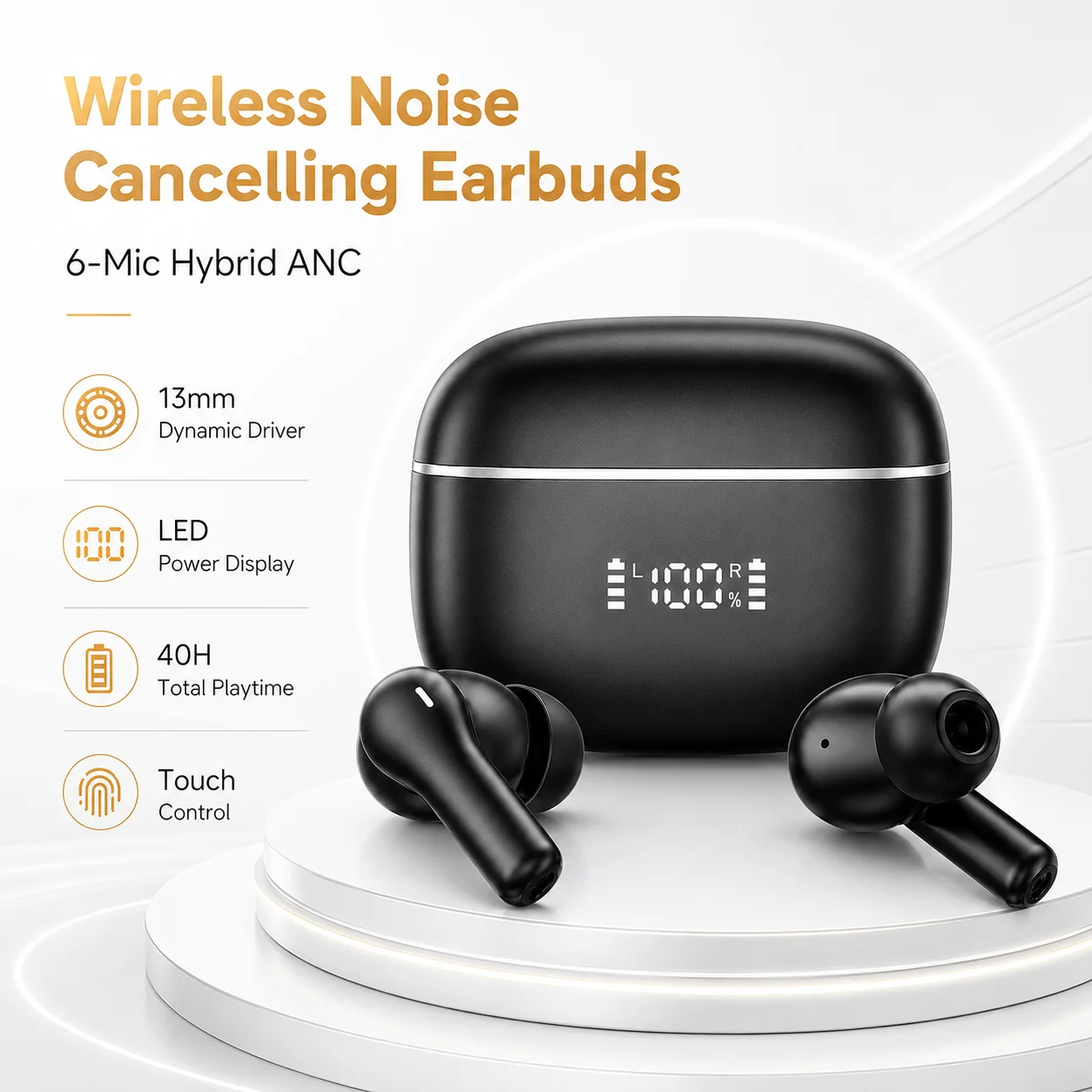 Bluetooth Earbuds with LED Display, 6 Mic Hybrid ANC, 13mm Dynamic Driver, HiFi Deep Bass, ENC Calls, Touch Control for Gaming