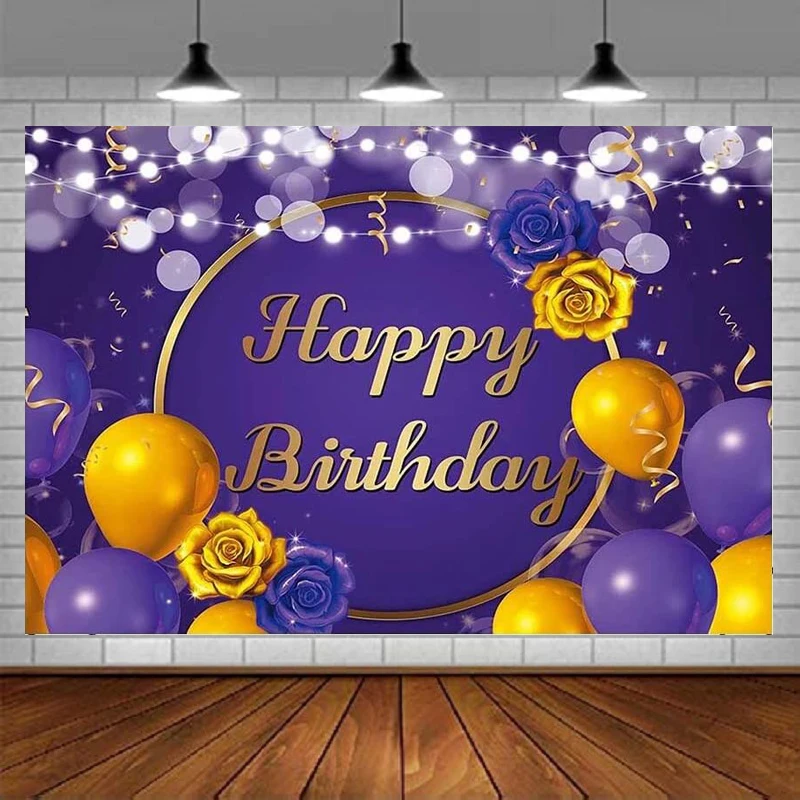 Women Birthday Party Backdrop Gold And Purple Balloons Decorations Banner Flowers Confetti Bokeh Lights Background Adults Poster