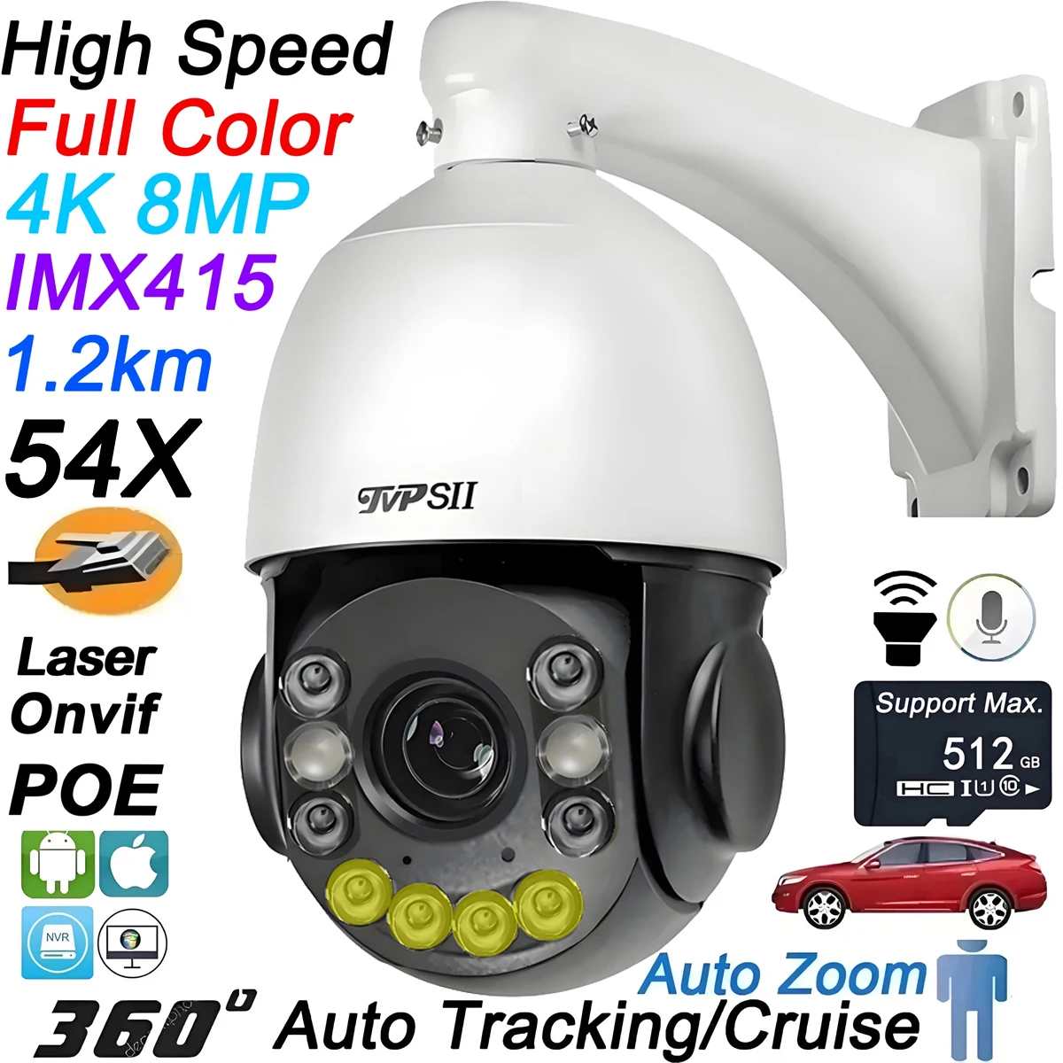 

Rj45 Onvif Металлическая лазерная инфракрасная полноцветная камера с автоматическим отслеживанием круиз 54X 4K 8MP Audio Высокоскоростная купольная PTZ POE IP-камера наблюдения