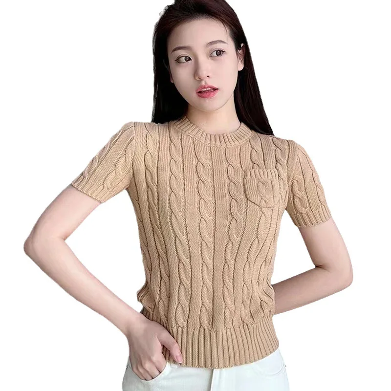 2025 Fashion Embroidery Fried Dough Twists Short Sleeve Knitted Women Slim Top Short Women\'s Knitted Shirt Pocket