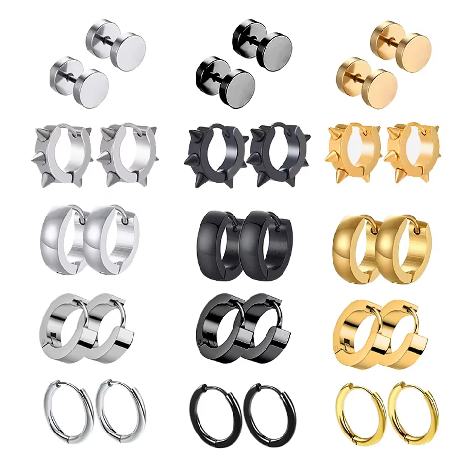 ZAKOL 1 Pairs Multi Types Black Gold Color Stainless Steel Earring For Women Men Punk Gothic Piercing Fake Earrings Jewelry