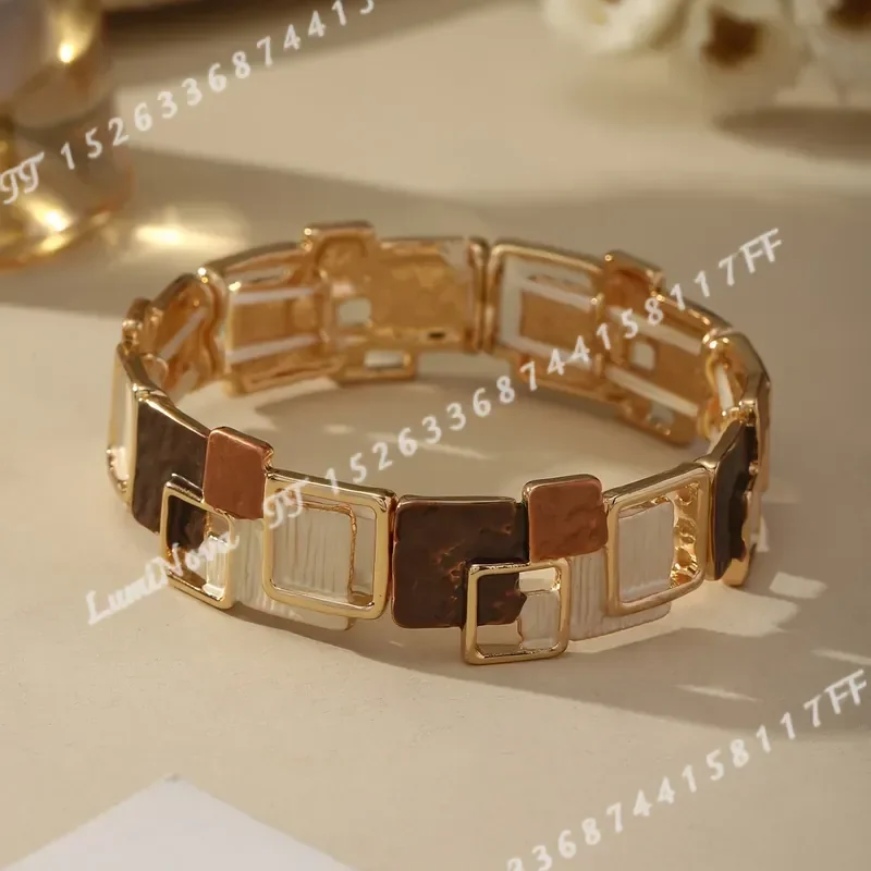Elegant Women Golden Tone Geometric Square Bracelet Minimalist Vintage Enamel Zinc Alloy Jewelry For Daily Wear Party Gift