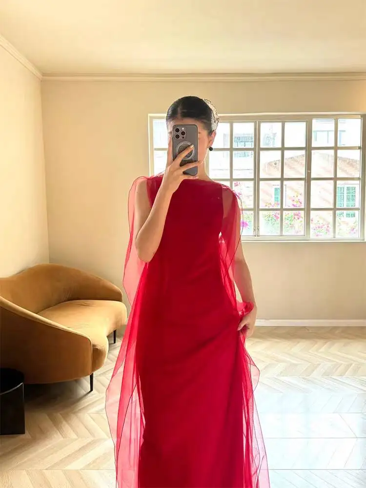 

Elegant Red Sleeveless One-Shoulder Long Dress Women's Fairy Atmosphere Slimming Evening Party Dress Wedding Celebration