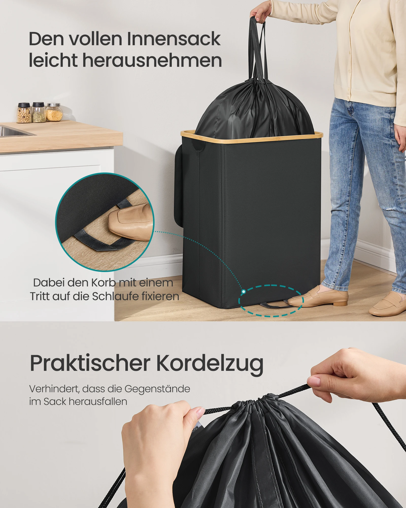 SONGMICS جمع زجاجات الودائع زجاجات الحاويات جامع حاوية فارغة معاد تدويرها مع غطاء ثقب حقيبة داخلية مع مقابض المطبخ