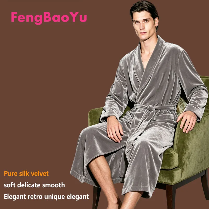 Fengbaoyu Natural Silk Velvet Men's Sleeping Robe Luxury Casual Homewear for Men Long Sleeve Sleeping Suit Comfortable Soft