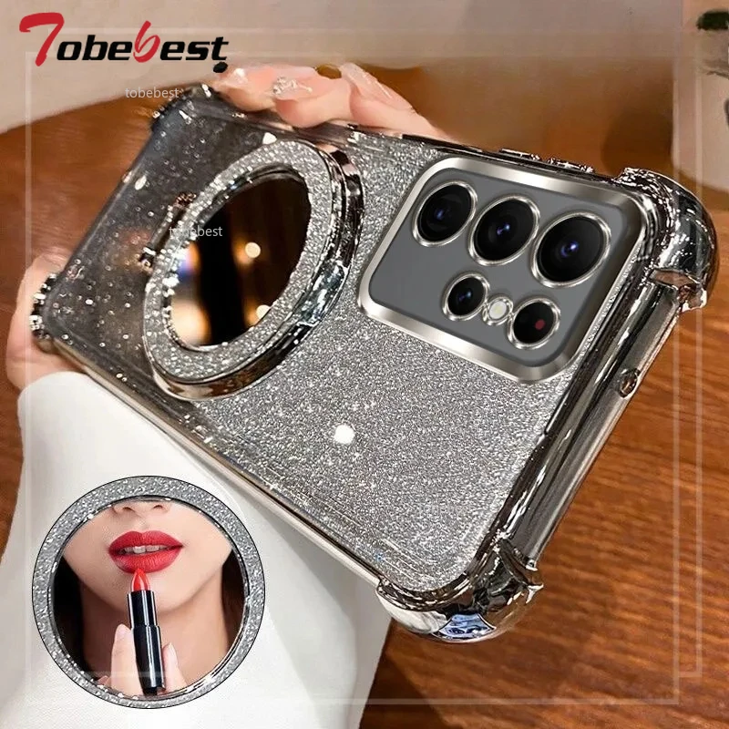 حافظة مطلية مقاومة للصدمات لهاتف سامسونج جالاكسي S25 S24 S23 S22 S21 S20 FE Ultra Plus 5G غطاء حامل مغناطيسي مرآة