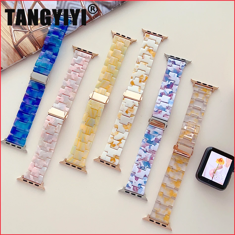 Resin Strap For Apple Watch Series 9 8 7 6 SE 5 4 3 45/44/42/41/40/38mm Fashion Print Band Hard Bracelet For iWatch Ultra 2 49mm