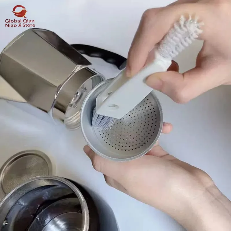 Moka Pot Cleaning Brush, 3-in-1 Multifunctional Cleaning Tool, Coffee Cup & Lid Brush for Dead-Angle Cleaning