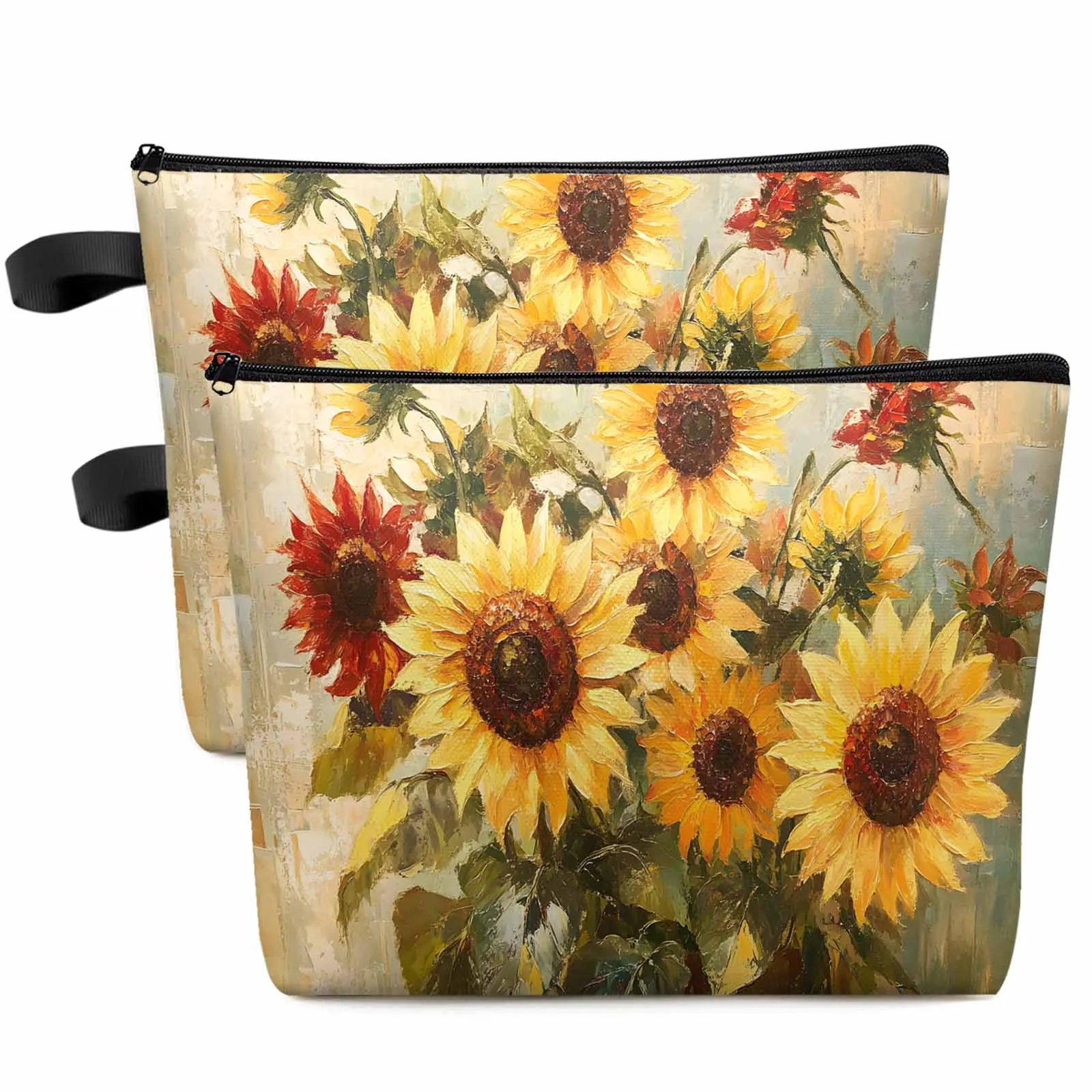 

Retro Watercolor Sunflower Large Capacity Travel Cosmetic Bag Portable Makeup Storage Pouch Women Waterproof Pencil Case