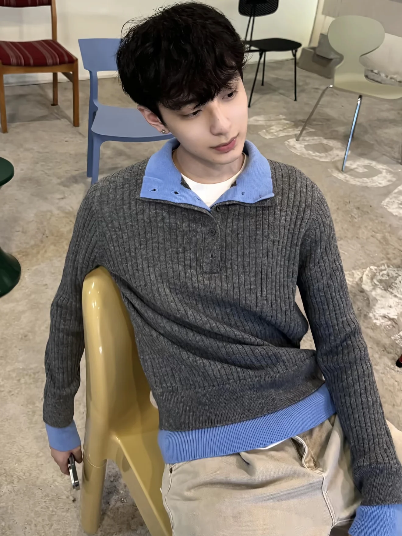 الأمريكية Sle اللون بلو محبوك سترة الرجال الخريف الشتاء كسول عادية تنوعا Knowl سترة طبقة مزدوجة طوق #2