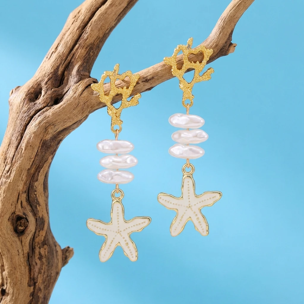 Goldfarbene Korallen-Seestern-Ohrhänger für Damen, trendige weiße Emaille, glänzende Imitationsperlen-Tropfenohrringe, hübscher Strandschmuck – Detail 11