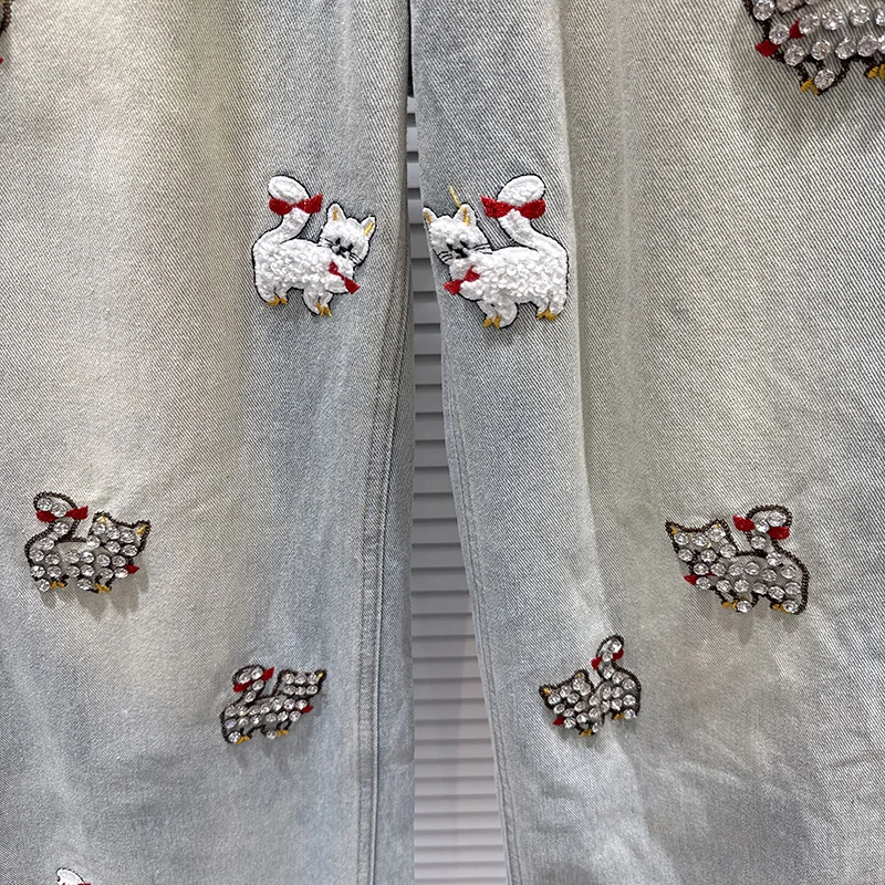 KBQ Solide Gespleißt Gestickte Kätzchen Lose Hosen für Frauen Hohe Taille Patchwork Dimonds Chic Casual Jean Weibliche Mode Stil
