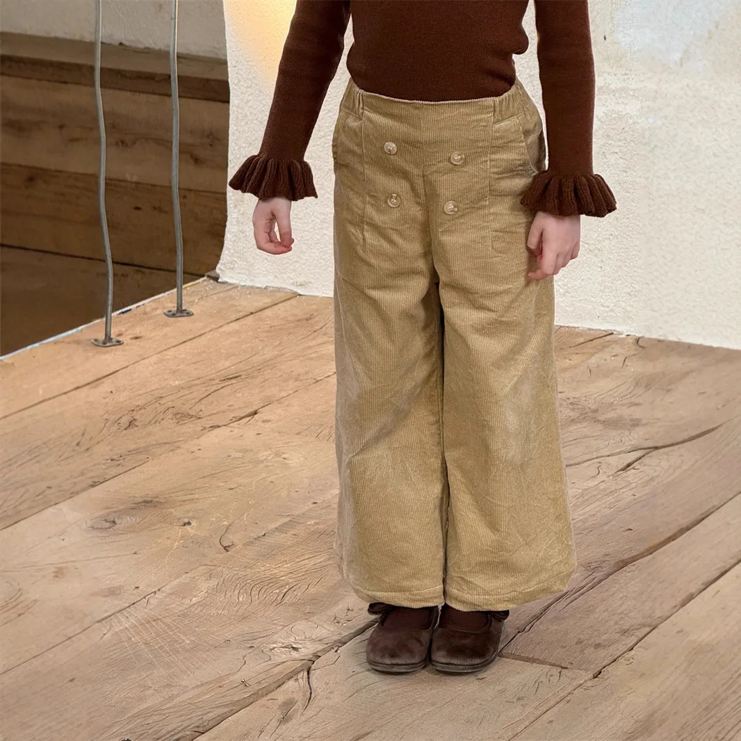 

2025 Winter Teenager 3-8Y Girls Corduroy Pant Solid Thick Warm Kids Baby Girls Trouser Elastic Waist Loose Children Girls Pants