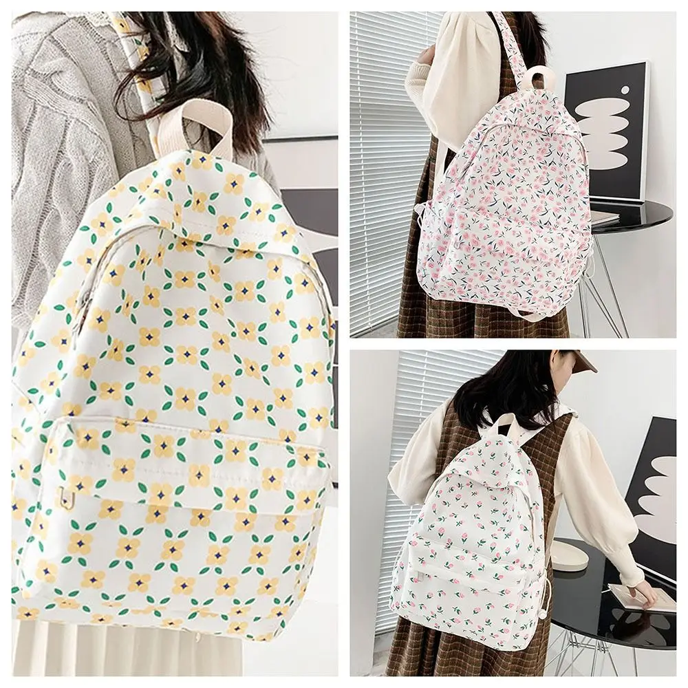 Multi Pocket Fashion Students Backpack Nylon Leisure Floral School Bag Casual Aesthetic Shoulder Bag Textbook