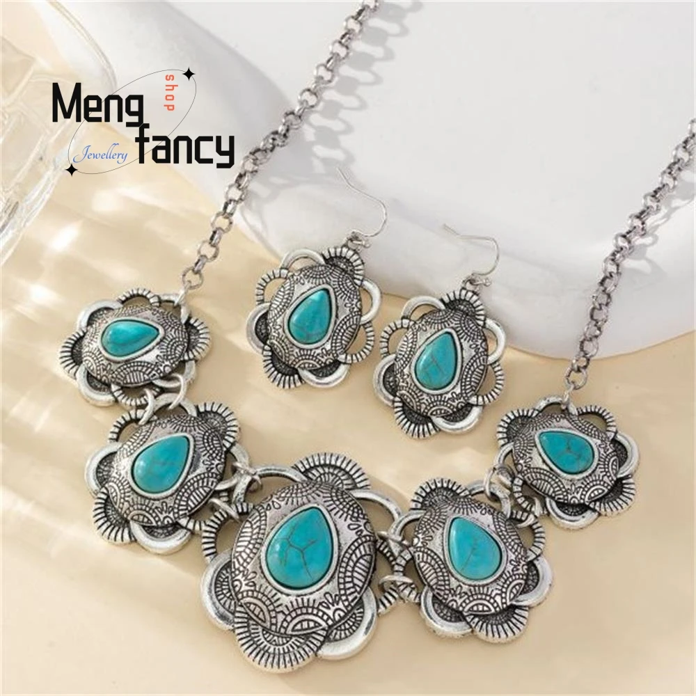 Retro Teardrop Necklace Turquoise Western Style Exaggerated Natural Stone Pendant Simple Exquisite Fashion Jewelry Holiday Gifts