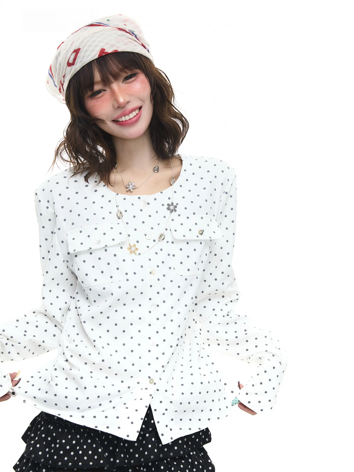 

Женская корейская рубашка Astrs в стиле ретро с круглым вырезом, длинными рукавами и принтом в горошек, универсальная, для повседневной носки, стройнящая фигуру