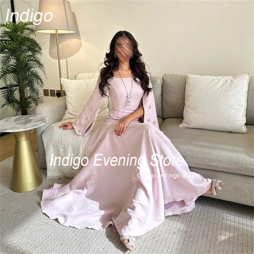 Indigo Elegant Long Sleeve A-Line Evening Dress 2025 Beading Square Collar Ankle-Length Party Prom Gown فساتين السهرة Customized