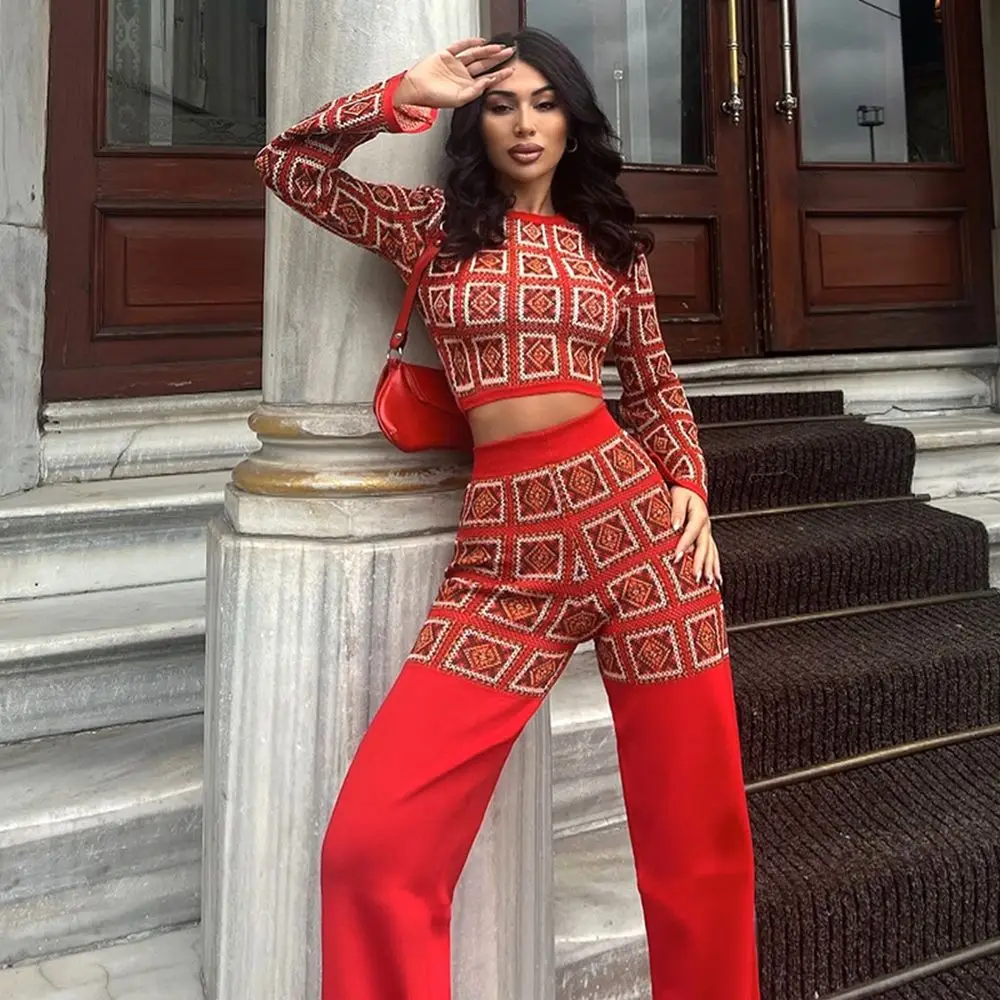 

European And American Style Two-Piece Printed Plaid Patchwork Long-Sleeved Short Top High-Waisted Straight Pants Niche Suit