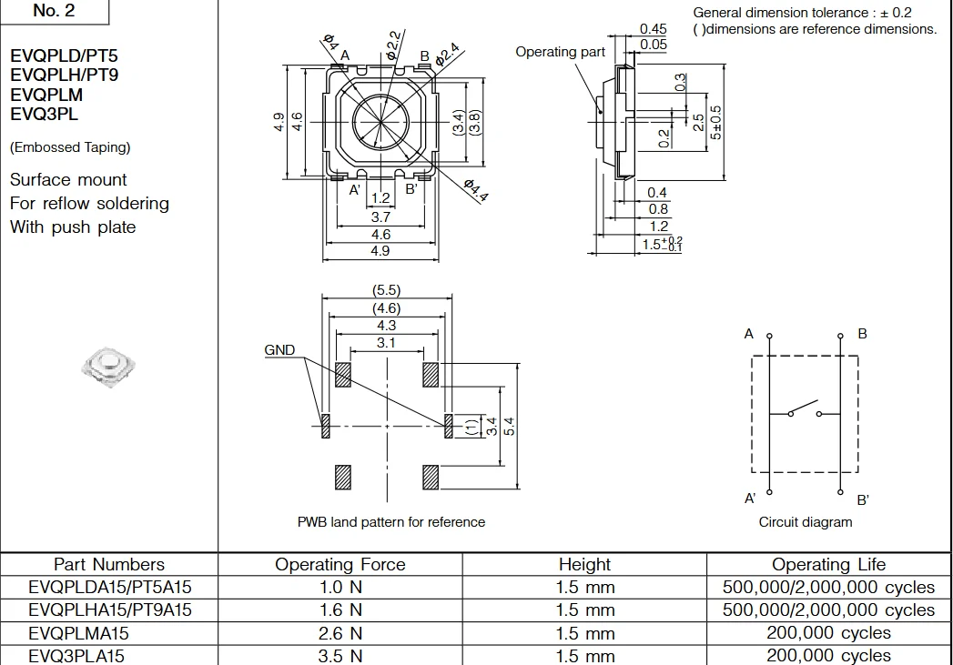 10 Uds EVQPT9A15 parche interruptor táctil 5*5*1,5 botón 4 pies parche mini