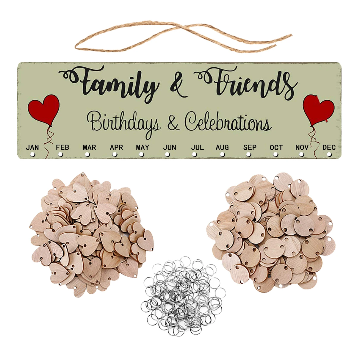 

Wooden Calendar Hanging Board 50 Round 50 Heart Cards DIY String Birthday Planner Family Gift Home Decor Reminder Notice Board