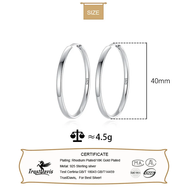 TrusDavis Real 925 Sterling Silver Fashion Big Hoop Huggie Earrings For Women Office Lady Dancing Party Fine Jewelry Gift DA1412