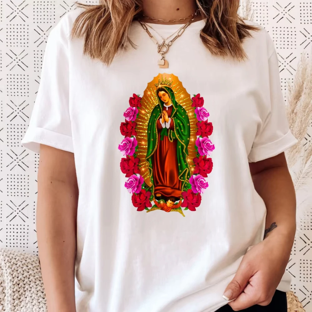Colorful Rose Our Lady Of Guadalupe Religious Graphic T Shirt Mexican Catholic Unisex Tee Faith Church Cotton Short Sleeve Tops