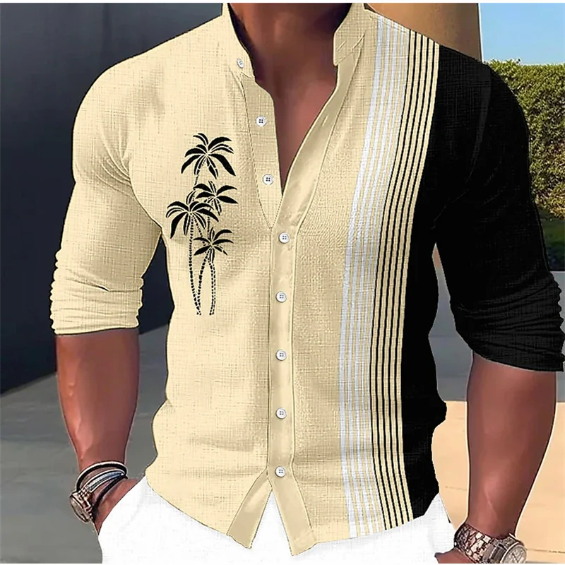 Men's lapel long sleeve 3D coconut tree print fashion loose shirt retro street long sleeve lapel cardigan shirt