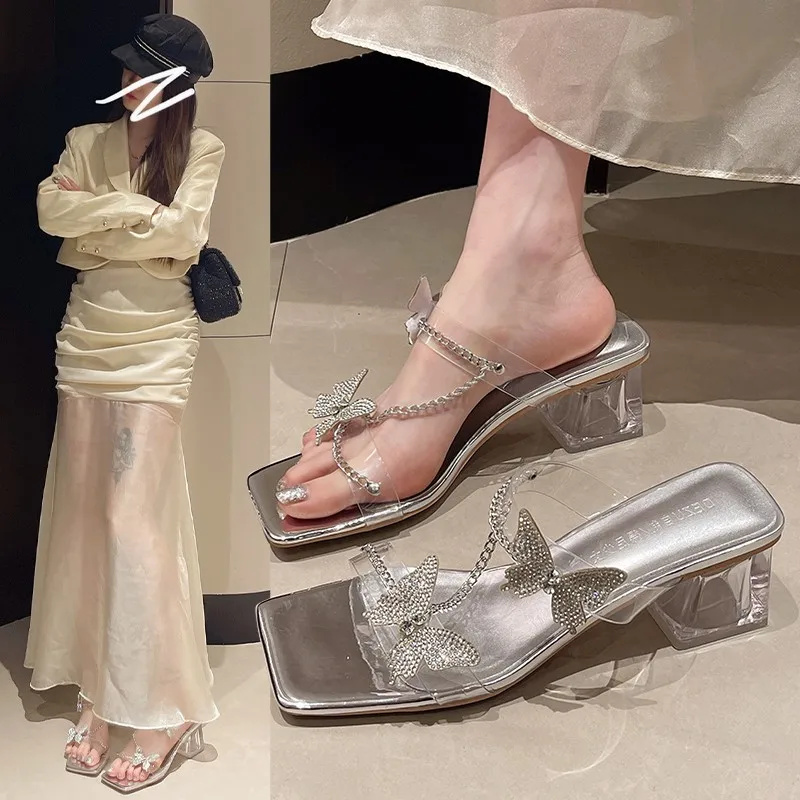 Summer Butterfly Knot Chain Square Toe Square Heel Sandals 6.5CM New PVC Transparent Sexy Elegant Banquet Wedding Silvery Shoes