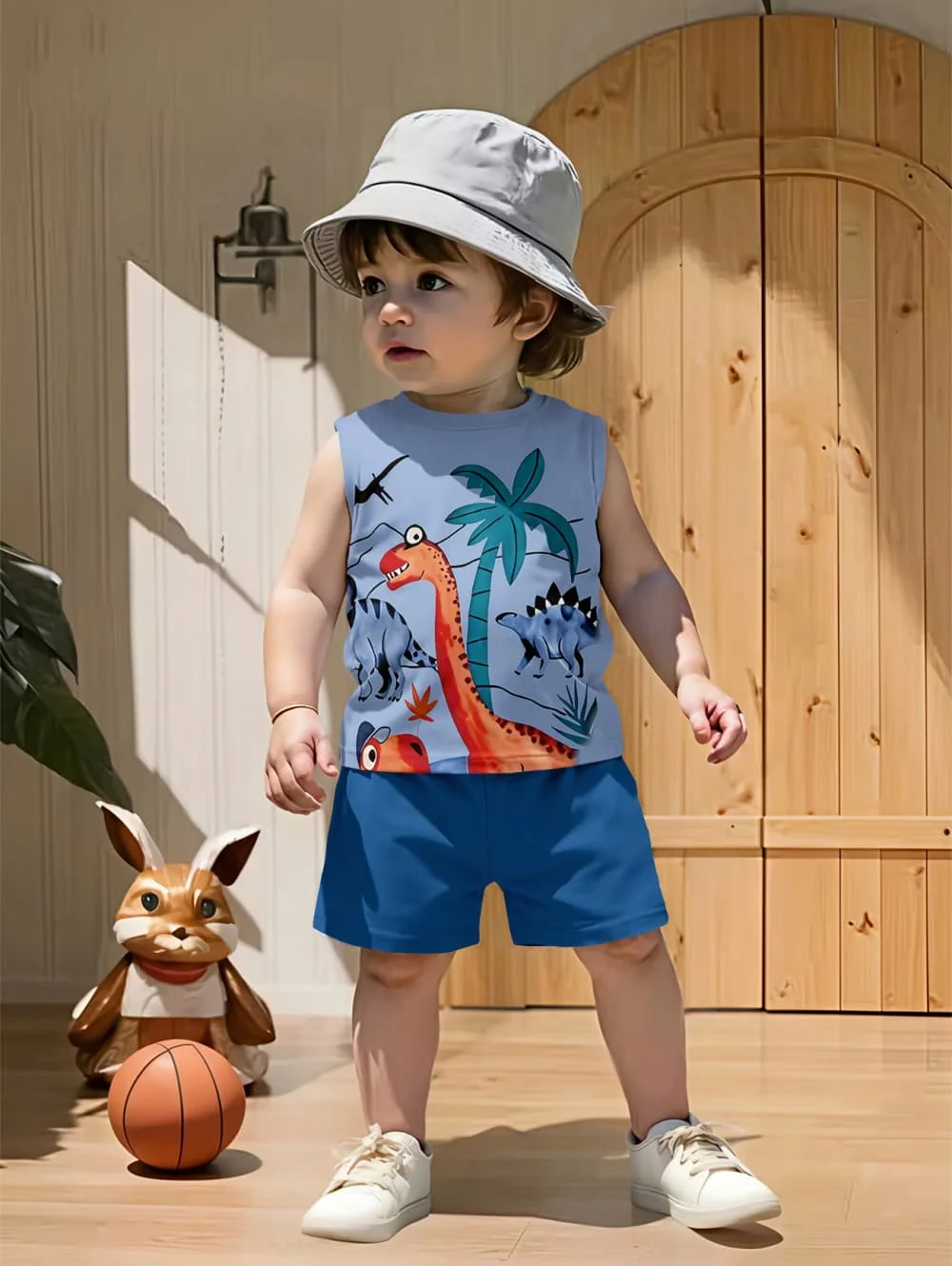 Cartoon Dinosaur Print Summer Boys Clothes Children Vest+shorts Boys Child Round Neck Tank Top Loose Shorts Trendy Costume Suit