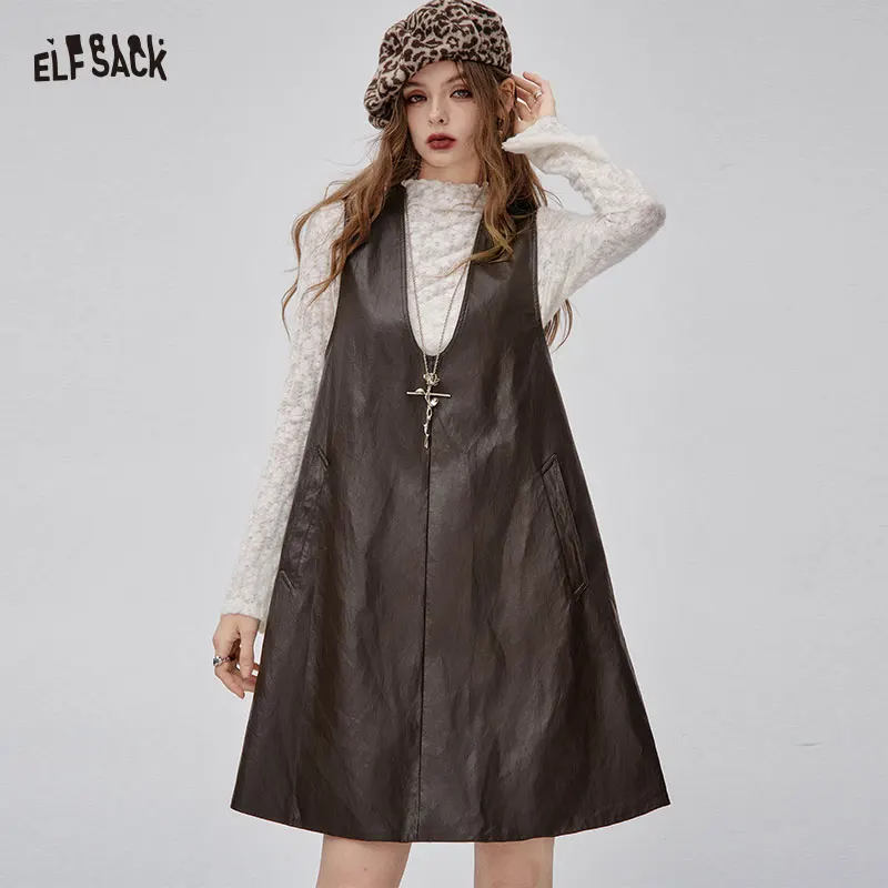 

ELFSACK 2025 Winter New Arrivals Casual Lace Loose Leather Vest Two Piece Dress Set For Woman