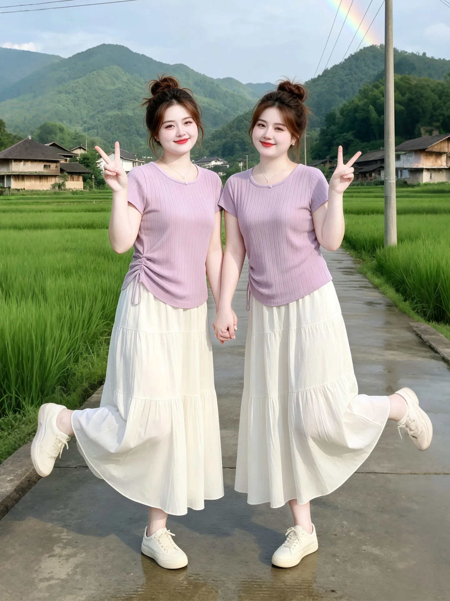 

Light Purple Summer New Women's Simple Short Sleeve Pleated Skirt Set High Waist Breathable Lightweight Commute Style