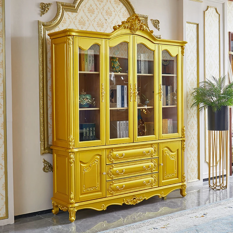 European bookcase, all solid wood bookshelf, four-door bookcase, carved glass door desk, matching combination