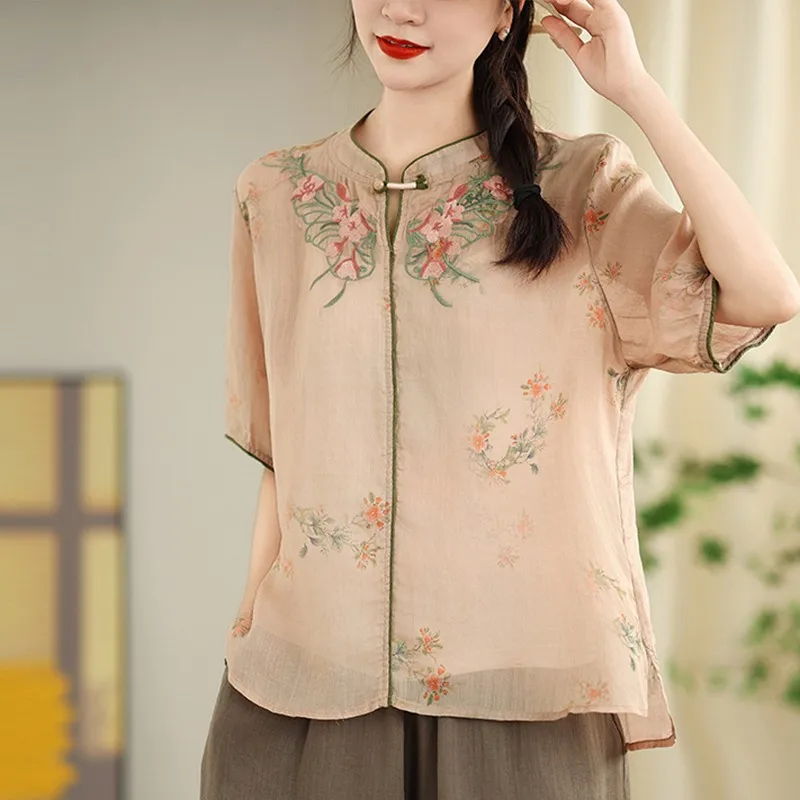 Women Summer Casual Blouses Shirts New Arrival 2024 Chinese Style Vintage Floral Embroidery Loose Female Short Sleeve Tops B3879