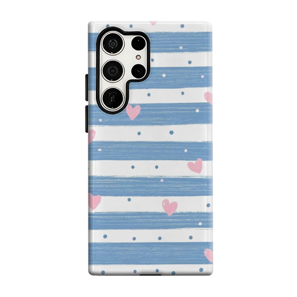 Blue Pink Heart Stripes Phone Case for Samsung Galaxy S25 Ultra S24 S23 Ultra Plus Glossy Double-layer Back Cover