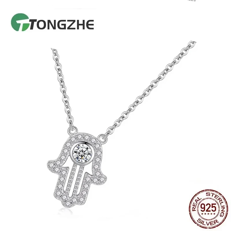 Collar de Plata de Ley 925 TONGZHE para Mujer, Collar con Colgante de Mano de la Suerte Hamsa/Fátima, Cadena Larga, Inicial, Joyería Turca, Regalo