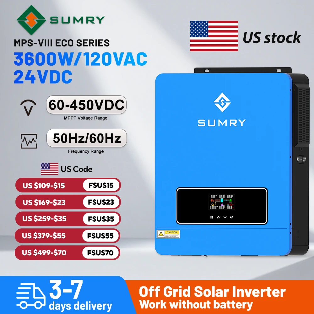 SUMRY 3.6KW 24V 120V Solar Inverter Pure Sine Wave Off Grid MPPT 110A Controller Charger 120A for Home Use