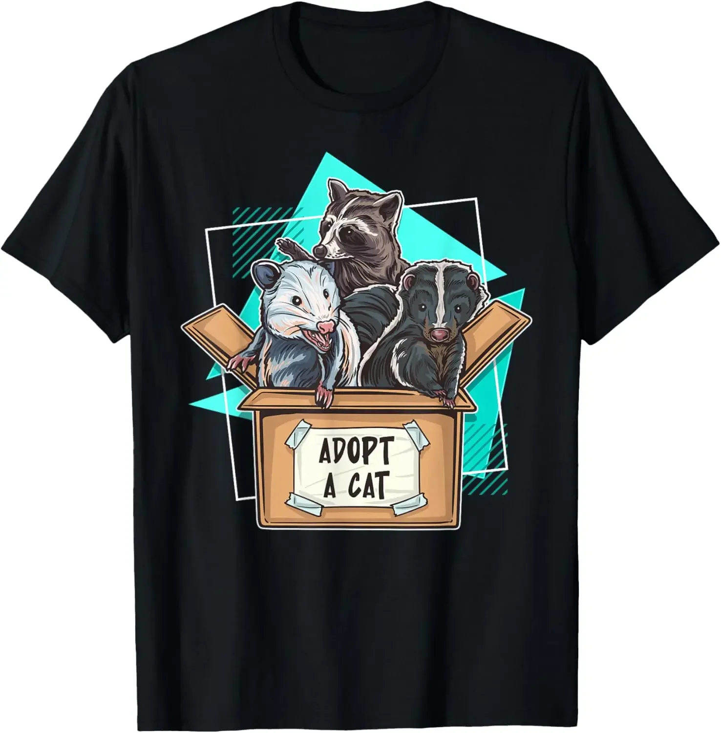 

Adopt A Cat Funny Wildlife Opossum Raccoon Skunk Graphic Tee Casual Crewneck T-Shirt