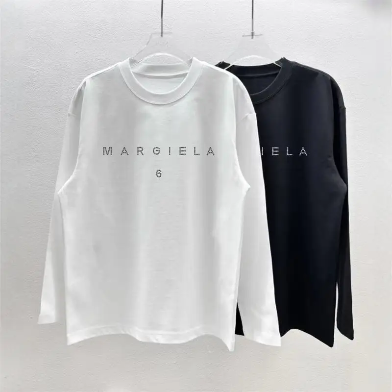 New MM6 Magi Hot Drilling English Letters Simple Trendy All-Match Loose round Neck Long sleeves Shirt Men's and Women's Cloth...