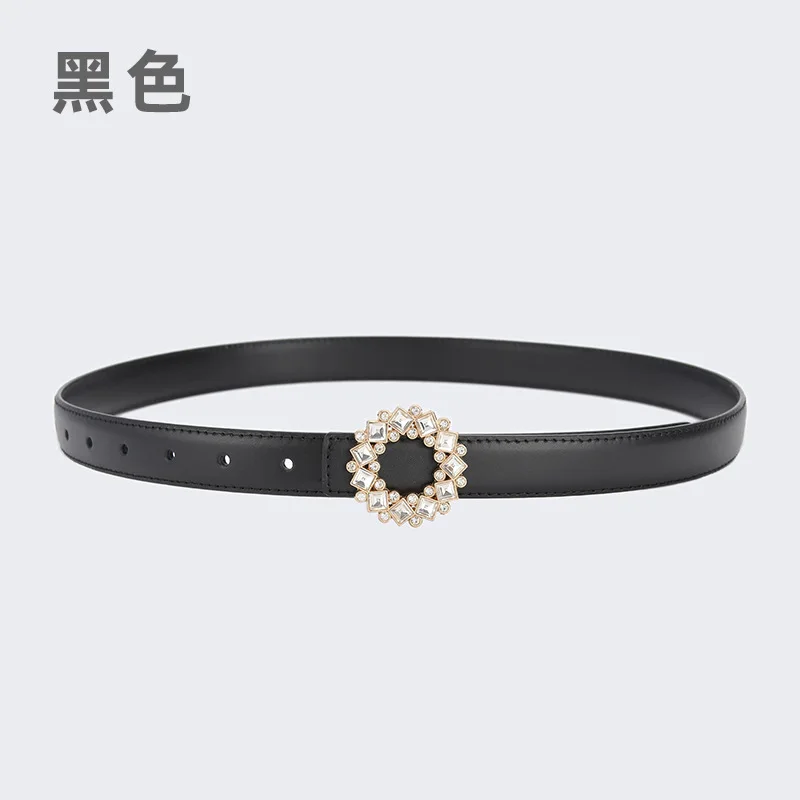 Women's Small Belt Inlaid with Rhinestones and Pearls Jeans Belt Women All-Match Decorative First Layer Leather Thin Waist Belts