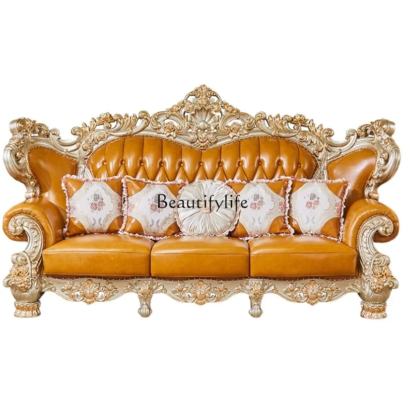 

02European-style all-solid wood sofa leather combination luxury first-layer cowhide large apartment