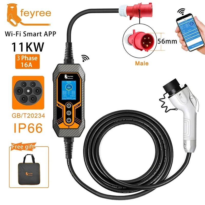 Feyree GB/T caricatore portatile EV 32A 7KW APP monofase versione Bluetooth EVSE 11KW 16A cavo trifase 5m spina CEE per veicolo elettrico