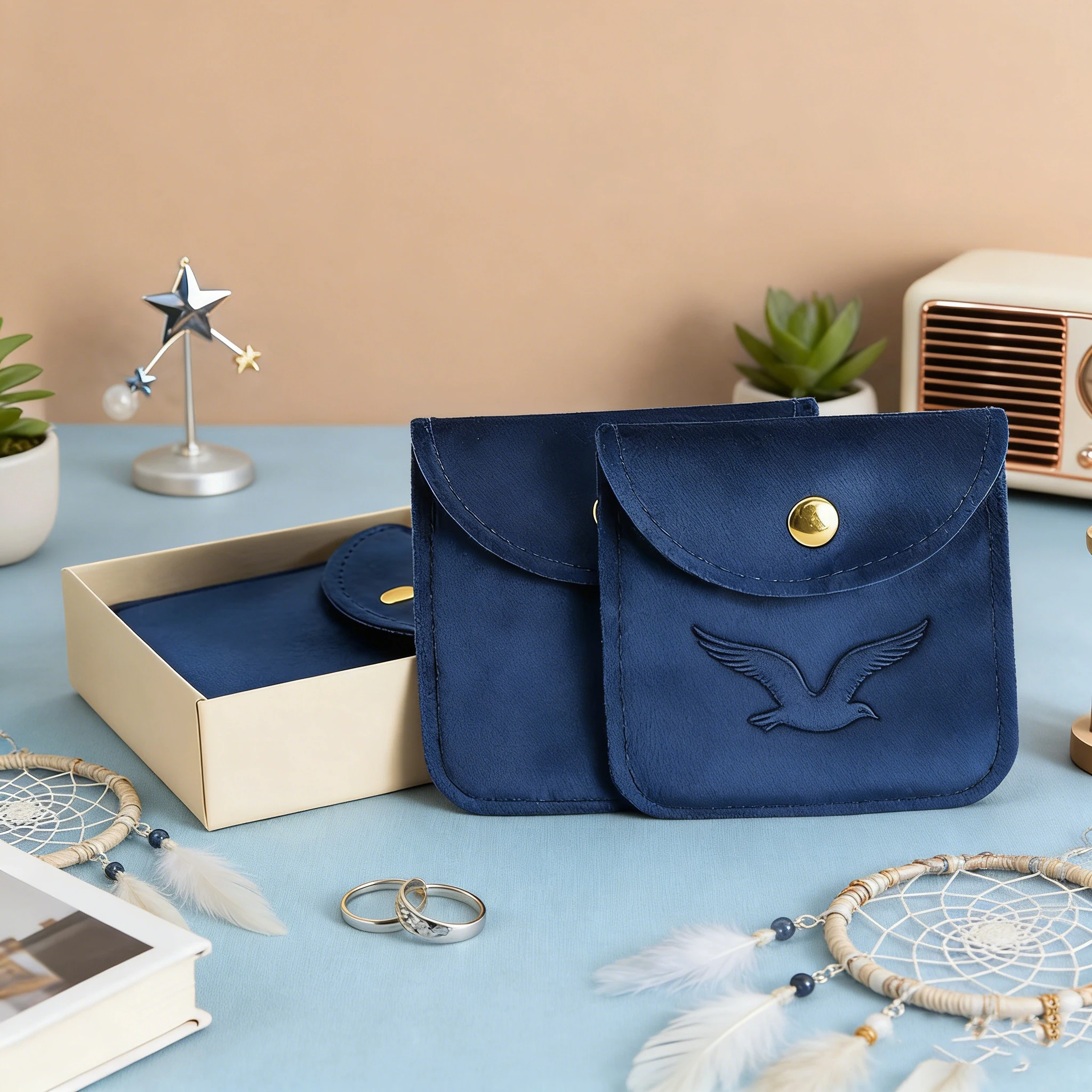 

100Pcs/Lot Custom Logo Wholesale Velvet Jewelry Packaging Bag Personalization Navy Jewelry Snap Button Pouch for Rings Earrings