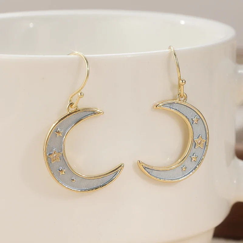 Fashion Gold Color Moon Star Pendant Earrings For Women Two Tone Asymmetric Design Personality Earrings Jewelry Gifts