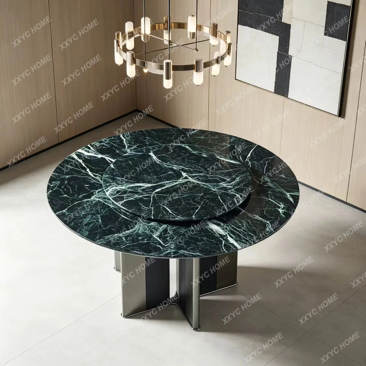 Natural large flower green luxury stone round dining table turntable green luxury stone household marble round meal
