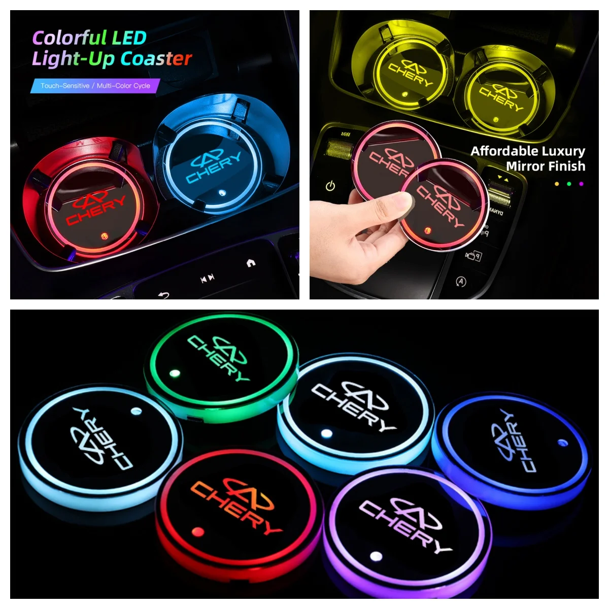 2Pcs LED Light‑Up Car Cup Holder Coaster For Chery Tiggo 7 Pro Tiggo 8 Pro Tiggo 9 Tiggo 5X Touch‑Sensitive Colorful Interior Ac