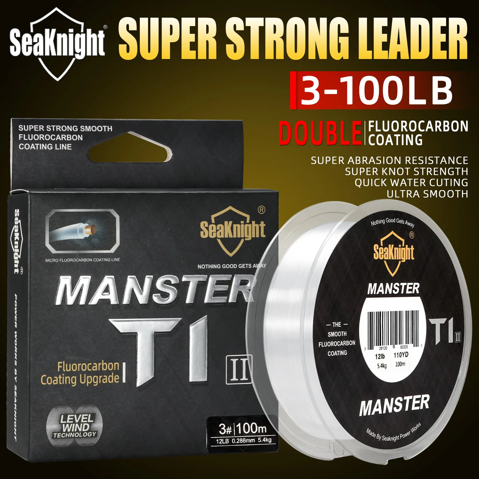 Línea de Pesca SeaKnight MANSTER T1 II Series con Revestimiento de Fluorocarbono de Doble Capa al 100%, 100M 50M, Hundimiento Rápido, Mayor Resistencia, 3-100LB