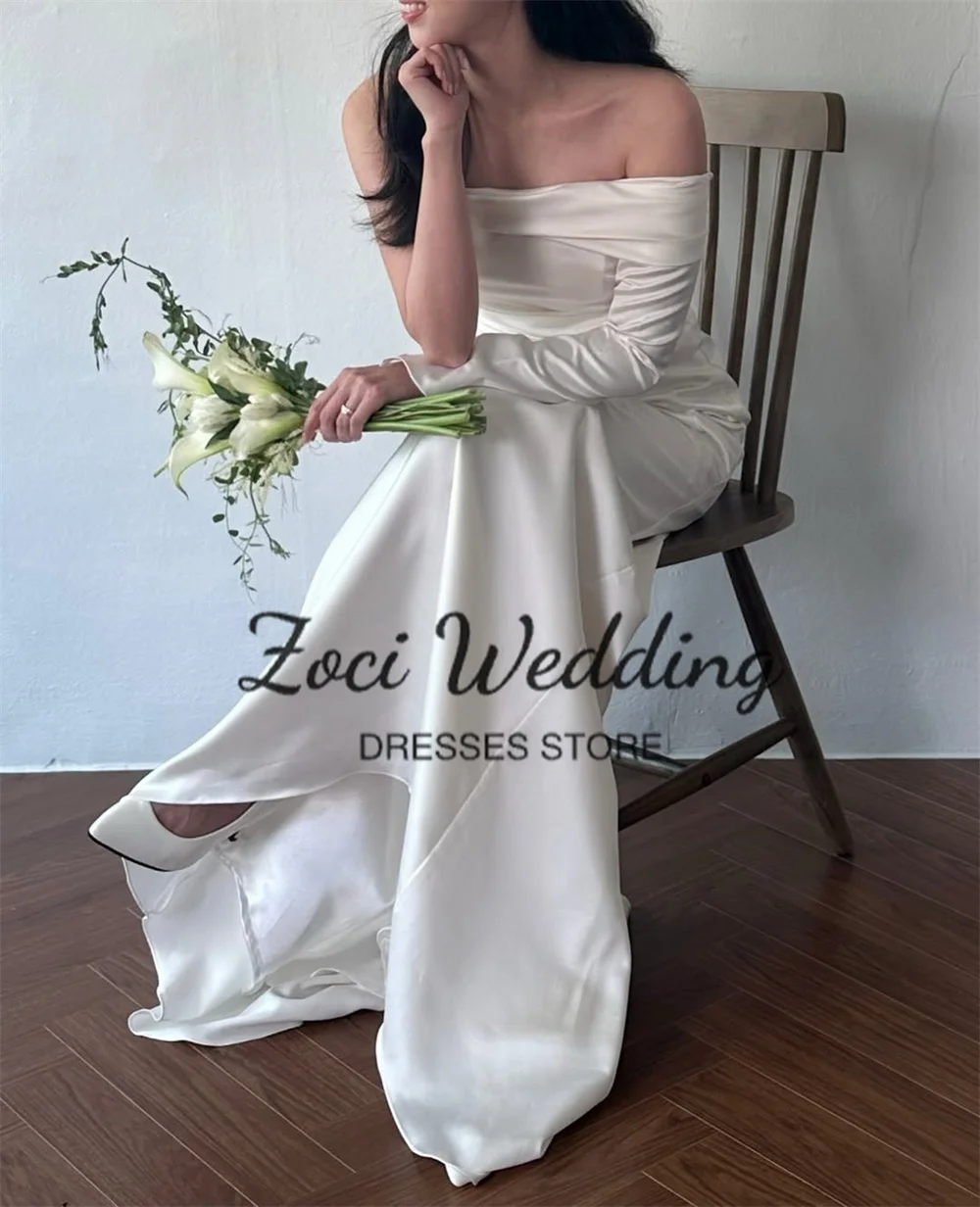 Zoci Elegant Mermaid Korea Wedding Dresses One Shoulder Long Sleeves Customized Bridal Gown Photos Shoot Silk Satin Party Dress