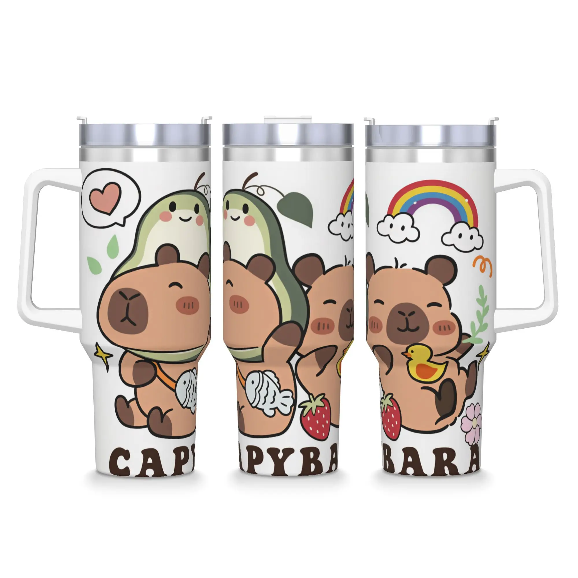 Stainless Steel Tumbler Two Capybara Avocado Duck Strawberry Rainbow Flower Cartoon Mugs Cup With Straws  Travel Water Bottle