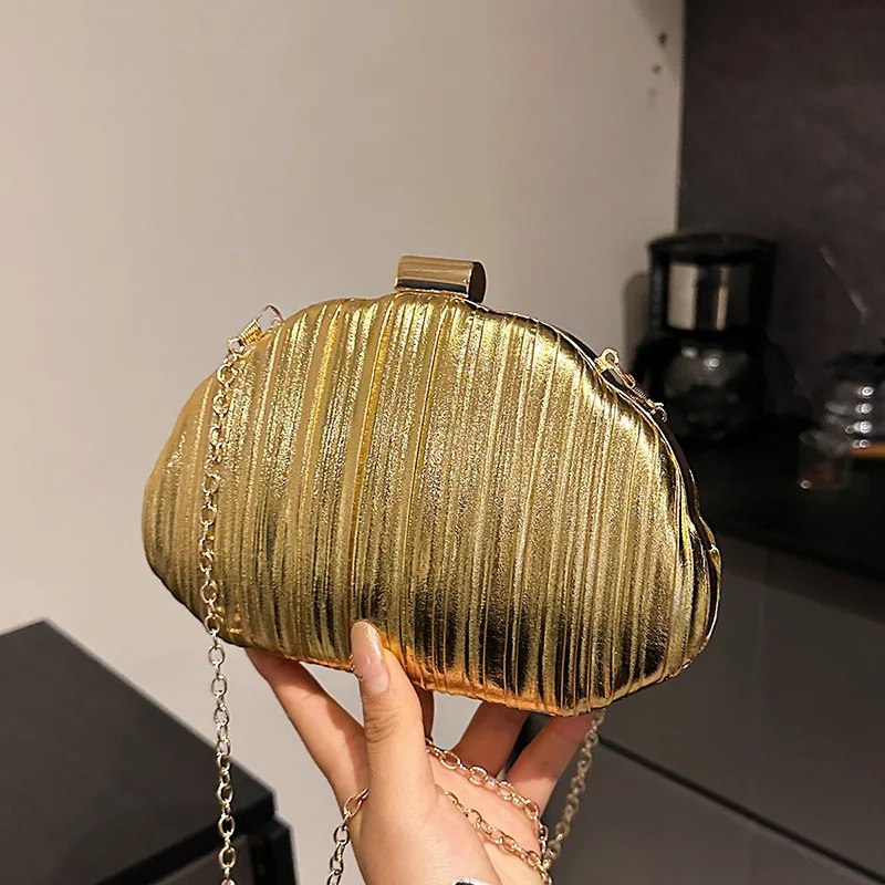 Metal Golden Wave Patterned Seashell Evening Bags Fashion Elegant Small Clutch Purse Chain Shoulder Bags For Women Prom Party