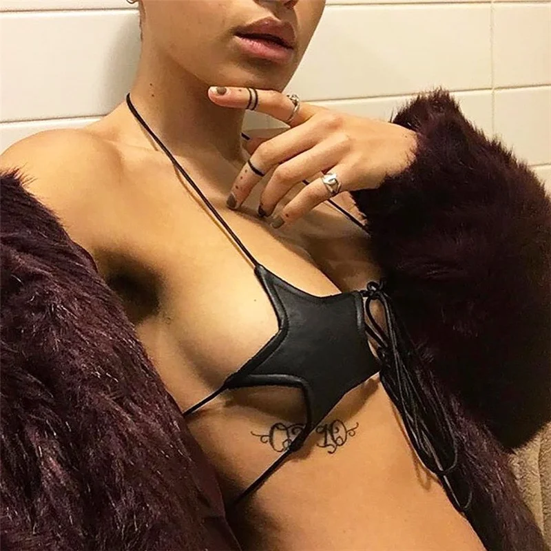 Sexy Women Leather Star Shape Strappy Bra Bustier Crop Top Bralette Hanging Neck Bandage Bra Reflective Silver Nightclub Vest